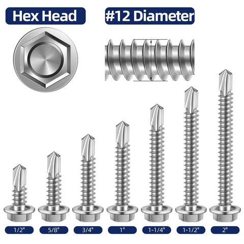 Size Twelve Hex Washer Head Self Drilling Screws With Piercing Tips For Quick Sheet Metal And Lumber Jobs Stainless Steel 410 shown in various lengths.