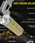 Cutaway front view of grease gun kit with pistol grip, silver body, black non-slip handle, and 18-inch resin hose
