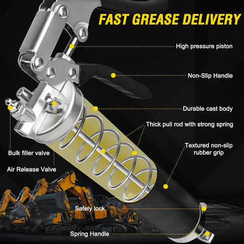 Cutaway front view of grease gun kit with pistol grip, silver body, black non-slip handle, and 18-inch resin hose