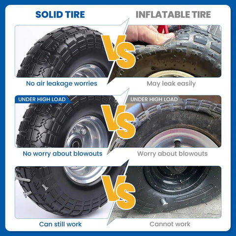 Comparison of flat free 10 inch solid replacement tire wheel for Gorilla Cart hand truck versus inflatable tire with benefits