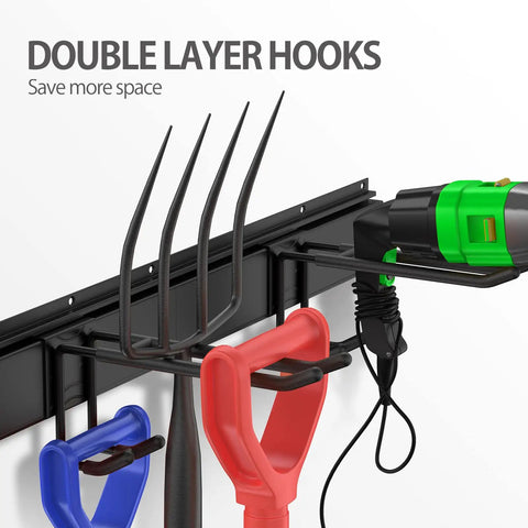 48 Inch Garage Tool Organizer Wall Mounted Storage Rack With Six Double Layer Hooks holding garden tools and power drill