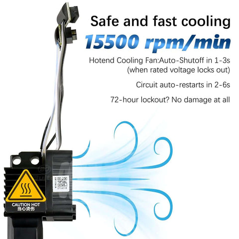 P1S P1P 3D Printer Hotend Assembly with cooling fan showing safe and fast cooling at 15500 rpm per minute.