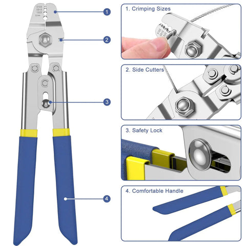 100Ft Wire Rope Crimping Tool Kit With 304 Stainless Steel Cable 7x7 Strand Core 1.5mm showing crimping tool details.