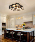 Black 3 Light Flush Mount Ceiling Fixture With Industrial Metal Style Close To Ceiling Farmhouse Lighting in kitchen.