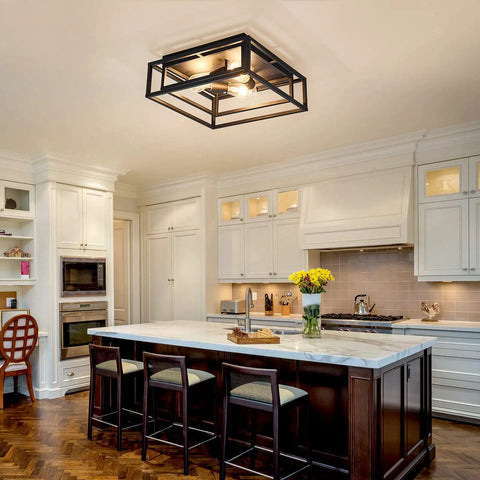 Black 3 Light Flush Mount Ceiling Fixture With Industrial Metal Style Close To Ceiling Farmhouse Lighting in kitchen.