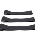 Three heavy duty rubber fire helmet bands laid flat, designed for modern and traditional helmets, secure tools and accessories, made in the USA