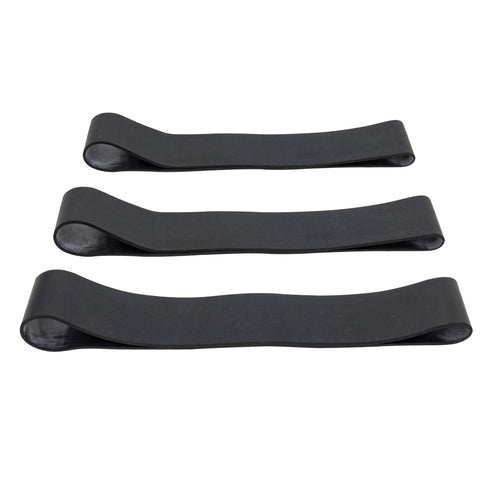 Three heavy duty rubber fire helmet bands laid flat, designed for modern and traditional helmets, secure tools and accessories, made in the USA