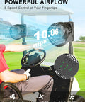 Image showing powerful airflow from Two Pack Magnetic Clip On Fan For Golf Cart With 12000mAh Battery, speed settings display.