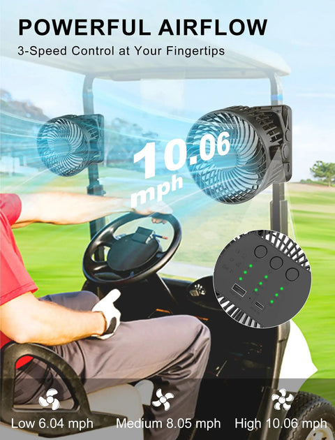 Image showing powerful airflow from Two Pack Magnetic Clip On Fan For Golf Cart With 12000mAh Battery, speed settings display.