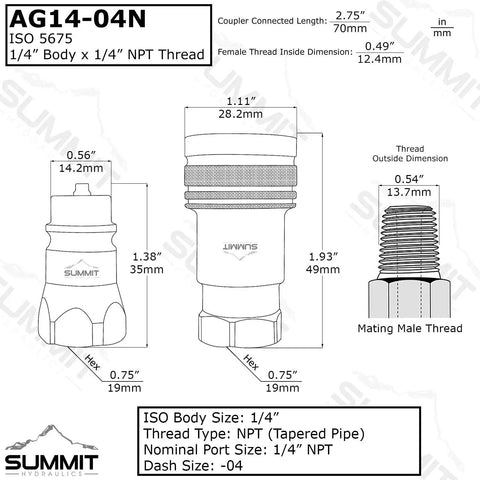 1/4 Inch Agricultural Hydraulic Quick Connect Male Coupler With 1/4 Inch NPT Thread ISO 5675 Diagram