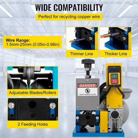 Automatic Electric Wire Stripping Machine 0.05 to 0.98 Inch Range showing wire feeding holes and adjustable blades for copper recycling