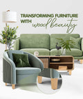 Living room with green furniture featuring Four Point Five Inch Square Wood Furniture Legs Set Of Four With Adjustable Levelers.