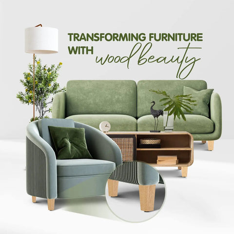 Living room with green furniture featuring Four Point Five Inch Square Wood Furniture Legs Set Of Four With Adjustable Levelers.