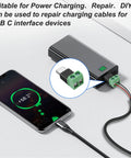 USB Type C Solderless Connector Screw Terminal Adapter USB C Male To 2 Pin Terminal Block 5V Power Output in use, charging a phone.