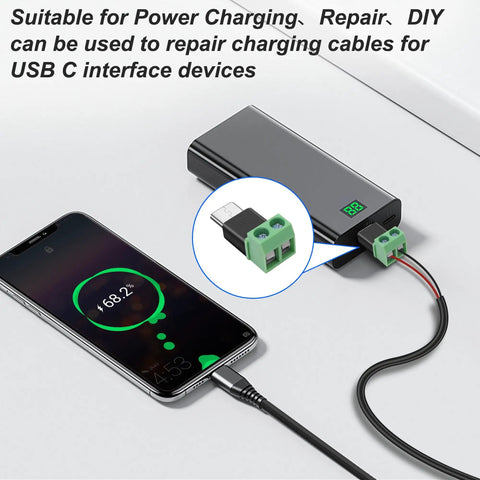USB Type C Solderless Connector Screw Terminal Adapter USB C Male To 2 Pin Terminal Block 5V Power Output in use, charging a phone.