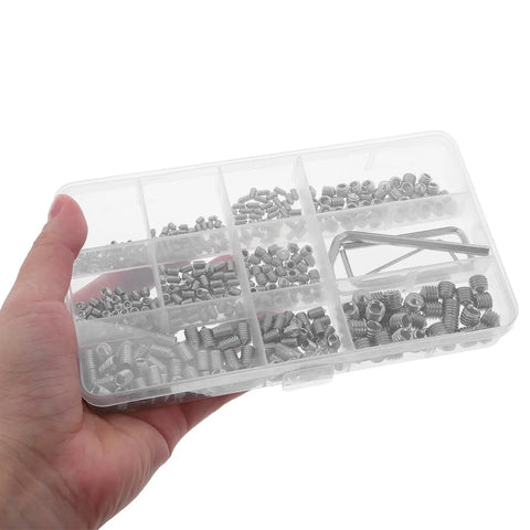 Stainless Steel Socket Head Cap Screw Assortment Kit 400 Piece With Cone Point Self Tapping Screws for Bathroom Accessories Hardware and Home Repairs Silver displayed in a clear case.