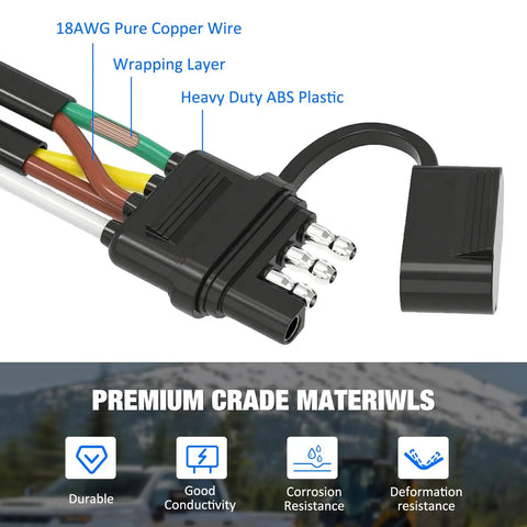 Close-up of 26 Foot 4 Pin 5 Wire Trailer Wiring Harness Kit for boat trailers showing heavy-duty ABS plastic and copper wire.