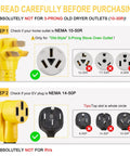 Diagram showing NEMA 10-50P and 14-50R plug types for EV charging, warning against use with RVs, stoves, or old dryer outlets.