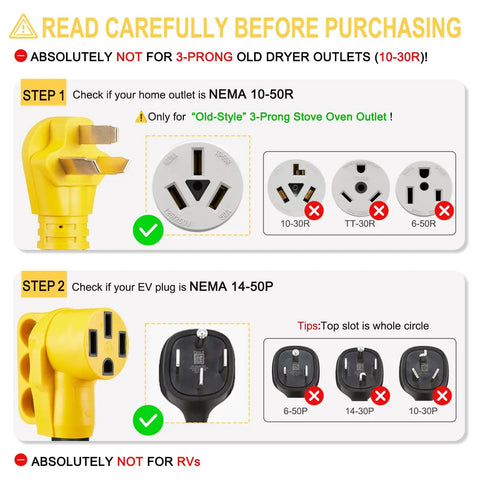 Diagram showing NEMA 10-50P and 14-50R plug types for EV charging, warning against use with RVs, stoves, or old dryer outlets.