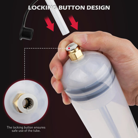 SEDY 500CC fluid extractor syringe, close-up view; white translucent bottle with brass nozzle and locking button