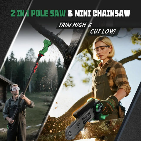 Man using 2 In 1 Electric Pole Saw For Tree Trimming Cordless Polesaw And 8 Inch Mini Chainsaw With Extension Pole outdoors