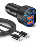 Super Fast 4 Port Car Charger Pumping Out 90W Power To Keep Phones And Gadgets Fully Fed While You Rollin Around with black braided cord.