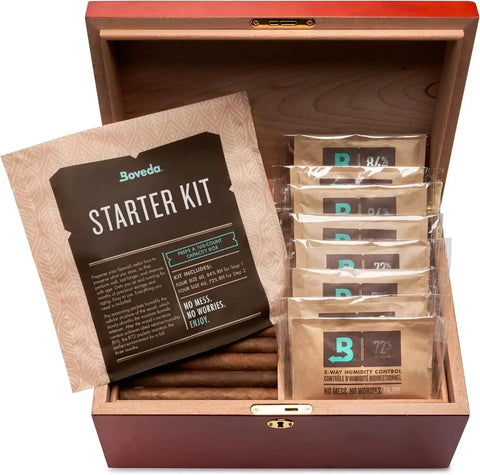 Starter Kit Bundle For Wooden Storage Box With Two Way Humidity Control Keeps Your Box On Point At Exact RH Levels Includes Two 60 Pack Humidity Packs At 84 Percent RH And 72 Percent RH displayed in a wooden box