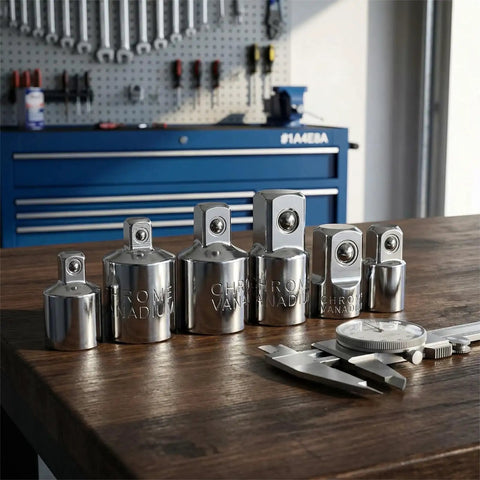 Six Piece Socket Adapter And Reducer Set For One Quarter, Three Eighths, And One Half Inch Drives With Must Have Pro Grade Conversions And Impact Ready Chrome Vanadium Steel Construction displayed on a workbench.
