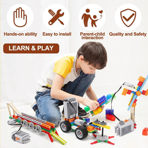 Child building with Power Function Motor Set Kit With 40 Piece M L XL And Servo Motors for STEM creativity.