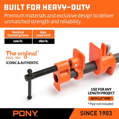 Two Pack Fifty Two Inch Wood Gluing Pipe Clamp Fixture For One Half Inch Black Pipe For Woodworking Projects With Long Reach Heavy Duty Clamp Set For DIY Furniture Making And Hands Free Setup For Pro Grade Results on orange background