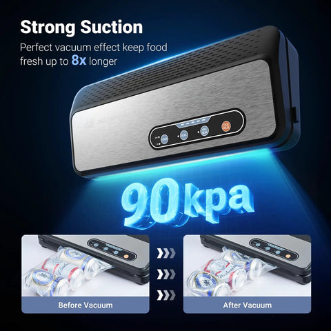 Powerful 90KPa 8-in-1 Food Vacuum Sealer For Dry And Moist Food With Built-In Cutter and Bag Storage showcasing sealing strength