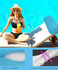 Two Pack Headrest Pillow For Patio Chaise Lounge With 3D Air Mesh And Elastic Band Quick Drying Washable Spa Pillow For Recliner Beach Chair Office Chair Blue next to a woman on a lounge by a pool.