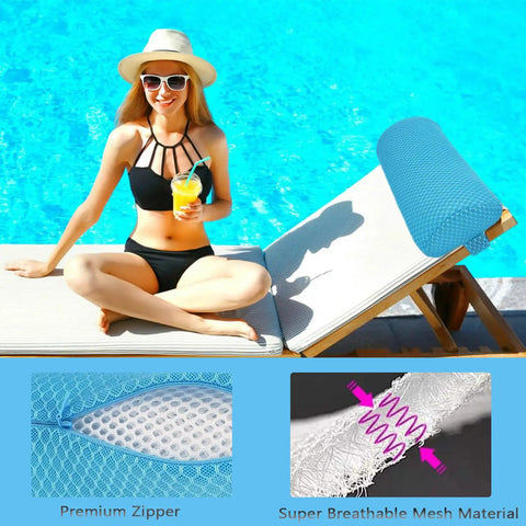 Two Pack Headrest Pillow For Patio Chaise Lounge With 3D Air Mesh And Elastic Band Quick Drying Washable Spa Pillow For Recliner Beach Chair Office Chair Blue next to a woman on a lounge by a pool.