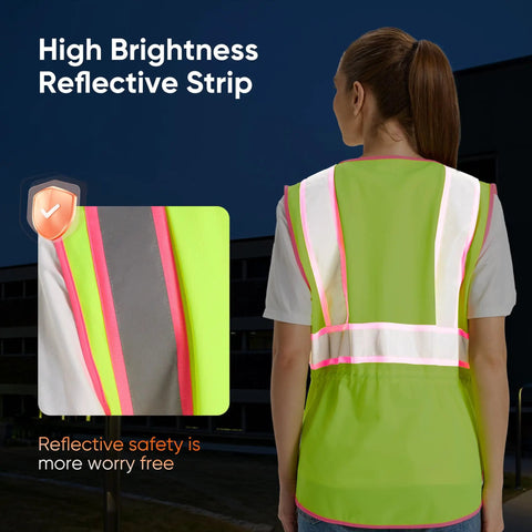 Slim Fit High Visibility Vest For Women With Drawstring Waist Hella Bright Reflective Safety Gear showcasing high brightness reflective strip.