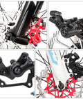 Two Sets Of Mechanical Mountain Bike Disc Brake Calipers Built To Perfection With Hardened Aluminum Alloy, black and red calipers with disc rotors.