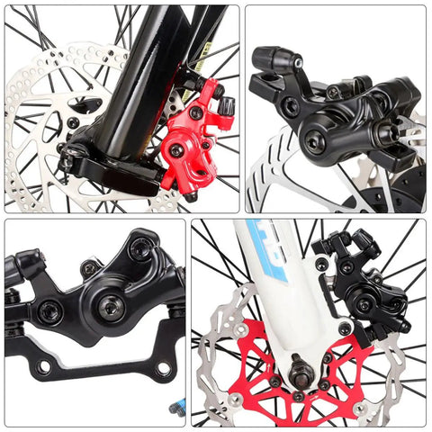 Two Sets Of Mechanical Mountain Bike Disc Brake Calipers Built To Perfection With Hardened Aluminum Alloy, black and red calipers with disc rotors.