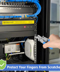 No Sweat Rotating Cage Nut Wrench in use to access server rack components for quick installs, fits M4 M5 M6 M8 M10 inserts.