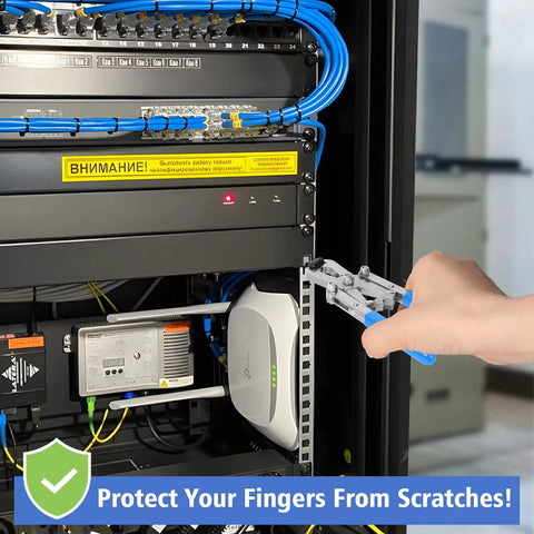 No Sweat Rotating Cage Nut Wrench in use to access server rack components for quick installs, fits M4 M5 M6 M8 M10 inserts.