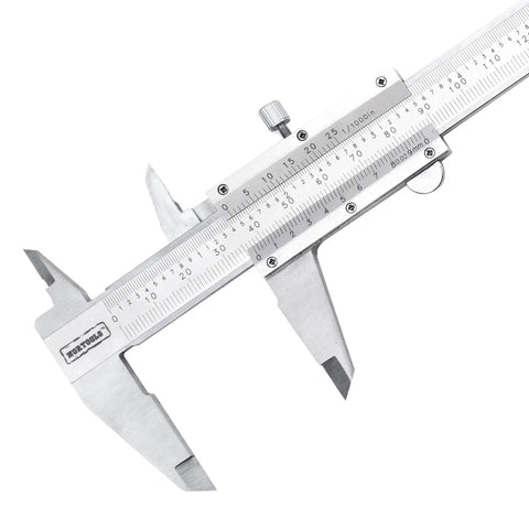 Pro Grade Vernier Caliper Measuring Tool In Stainless Steel, 6 Inch (150 mm), close-up of precision scale and jaws