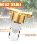 40 Micron Brass Sediment Filter with brass top shell, sealing ring, and pressure-resistant transparent shell