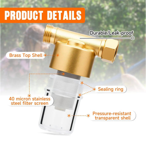 40 Micron Brass Sediment Filter with brass top shell, sealing ring, and pressure-resistant transparent shell