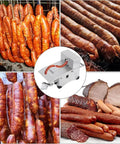 Top Shelf Commercial Electric Sausage Tying Machine Featuring Solid Stainless Steel Build And No Sweat Foot Pedal For Effortless Auto Knotting With Precisely Adjustable Link Sizes and various sausages.