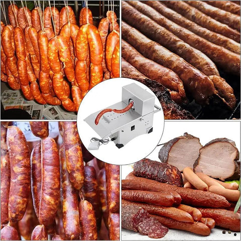 Top Shelf Commercial Electric Sausage Tying Machine Featuring Solid Stainless Steel Build And No Sweat Foot Pedal For Effortless Auto Knotting With Precisely Adjustable Link Sizes and various sausages.