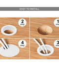 Installation steps for 20 Pack Heavy Duty Black Desk Grommets And Cable Hole Cover Caps, showing grommet placement.