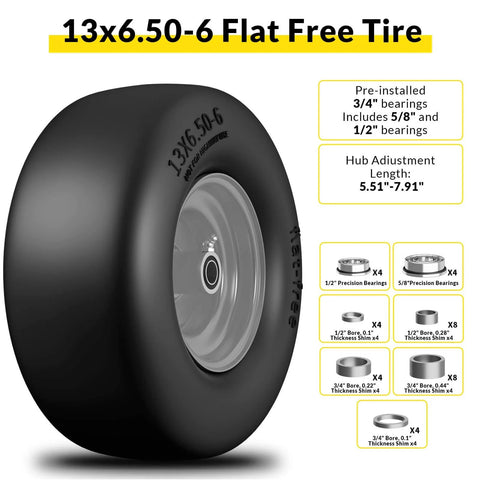 Front Flat Free Lawn Mower Tire And Wheel Replacement For Zero Turn Mowers 13x6.50-6 500 Lb Load 2 Pack Fits Three Quarter Inch Bearings