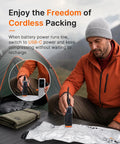 Man using dual power pump on 15 Pack Travel Vacuum Storage Bags With Dual Power Pump For Clothes Space Saver Compression Bags For Carry On Luggage And Suitcases Rechargeable Battery And USB Powered outdoors.