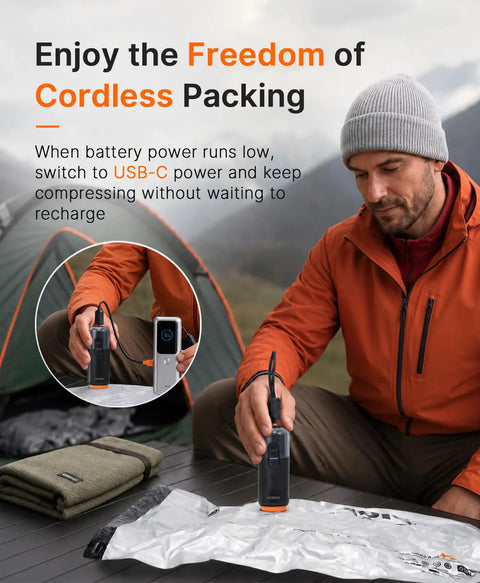 Man using dual power pump on 15 Pack Travel Vacuum Storage Bags With Dual Power Pump For Clothes Space Saver Compression Bags For Carry On Luggage And Suitcases Rechargeable Battery And USB Powered outdoors.