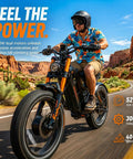 Beefy 6000W Dual Motor Electric Bike For Adults Cranking 52 Mph in a scenic canyon with rugged terrain and lush foreground.