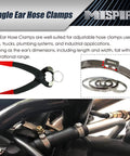 MISPIRE 10.3–11.8mm single-ear hose clamps, 304 stainless steel, 100 pcs; shown with pliers and installed on a hose