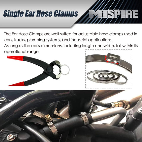 MISPIRE 10.3–11.8mm single-ear hose clamps, 304 stainless steel, 100 pcs; shown with pliers and installed on a hose